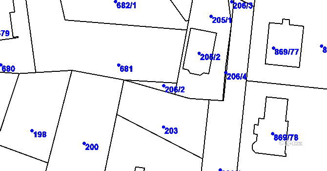 Parcela st. 206/2 v KÚ Veselá u Zlína, Katastrální mapa