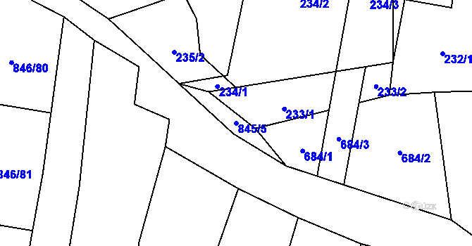 Parcela st. 845/5 v KÚ Veselá u Zlína, Katastrální mapa