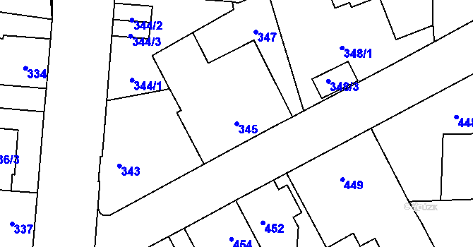 Parcela st. 345 v KÚ Veselí nad Lužnicí, Katastrální mapa