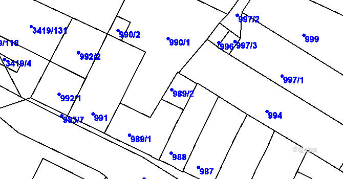 Parcela st. 989/2 v KÚ Veselí nad Lužnicí, Katastrální mapa