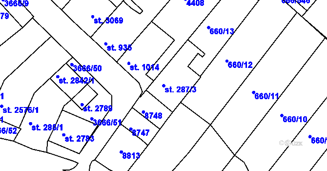 Parcela st. 287/3 v KÚ Veselí-Předměstí, Katastrální mapa