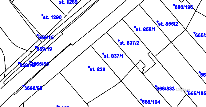 Parcela st. 837/1 v KÚ Veselí-Předměstí, Katastrální mapa