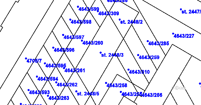 Parcela st. 2448/3 v KÚ Veselí-Předměstí, Katastrální mapa