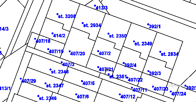 Parcela st. 407/2 v KÚ Veselí-Předměstí, Katastrální mapa