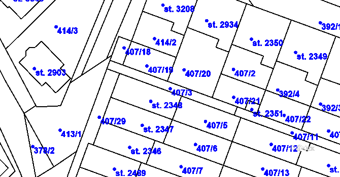 Parcela st. 407/3 v KÚ Veselí-Předměstí, Katastrální mapa