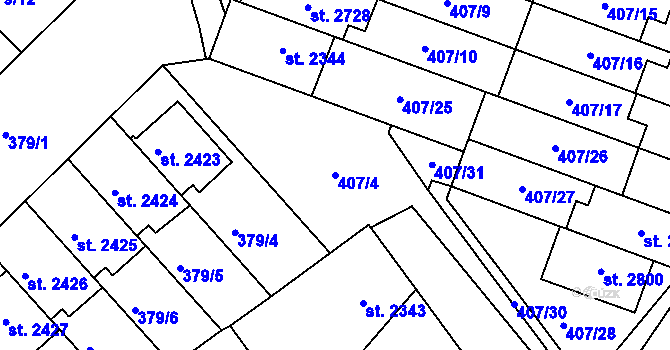 Parcela st. 407/4 v KÚ Veselí-Předměstí, Katastrální mapa