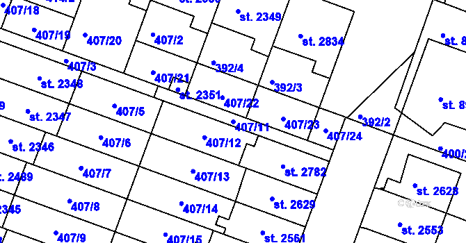 Parcela st. 407/11 v KÚ Veselí-Předměstí, Katastrální mapa