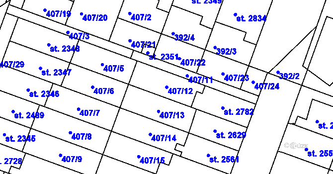Parcela st. 407/12 v KÚ Veselí-Předměstí, Katastrální mapa