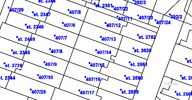 Parcela st. 407/14 v KÚ Veselí-Předměstí, Katastrální mapa