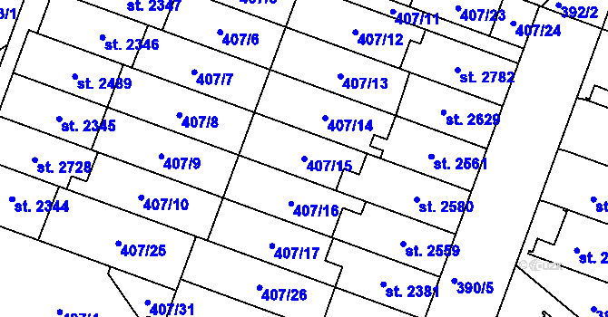 Parcela st. 407/15 v KÚ Veselí-Předměstí, Katastrální mapa