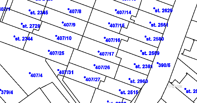 Parcela st. 407/17 v KÚ Veselí-Předměstí, Katastrální mapa