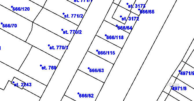 Parcela st. 666/115 v KÚ Veselí-Předměstí, Katastrální mapa