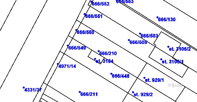 Parcela st. 666/210 v KÚ Veselí-Předměstí, Katastrální mapa