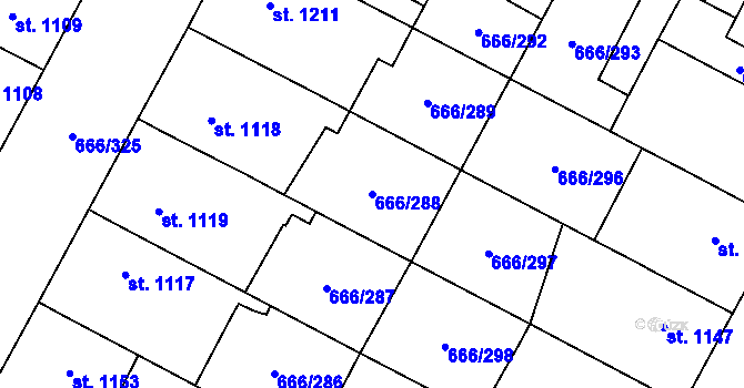 Parcela st. 666/288 v KÚ Veselí-Předměstí, Katastrální mapa