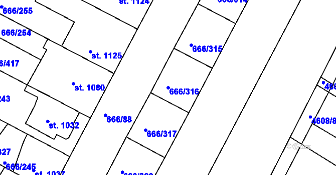 Parcela st. 666/316 v KÚ Veselí-Předměstí, Katastrální mapa