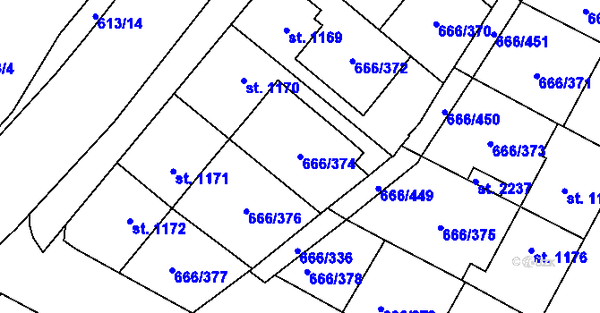 Parcela st. 666/374 v KÚ Veselí-Předměstí, Katastrální mapa