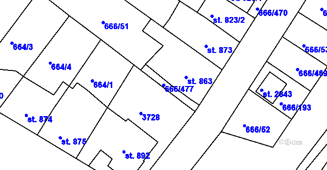 Parcela st. 666/477 v KÚ Veselí-Předměstí, Katastrální mapa
