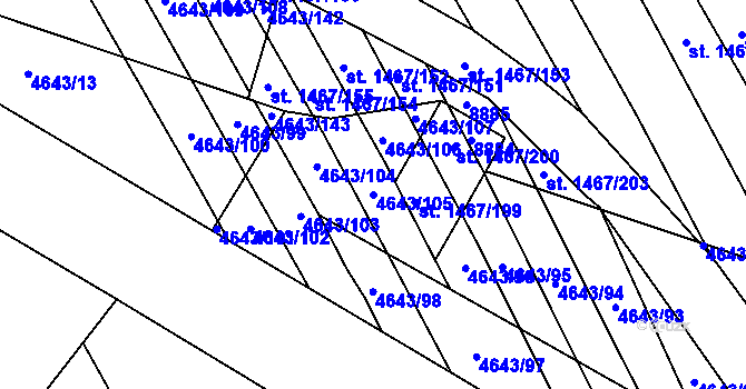 Parcela st. 4643/105 v KÚ Veselí-Předměstí, Katastrální mapa