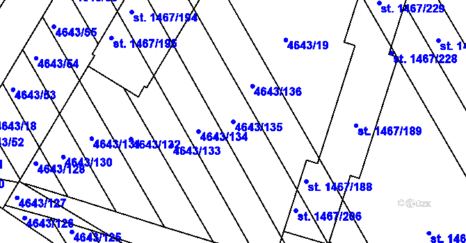 Parcela st. 4643/135 v KÚ Veselí-Předměstí, Katastrální mapa