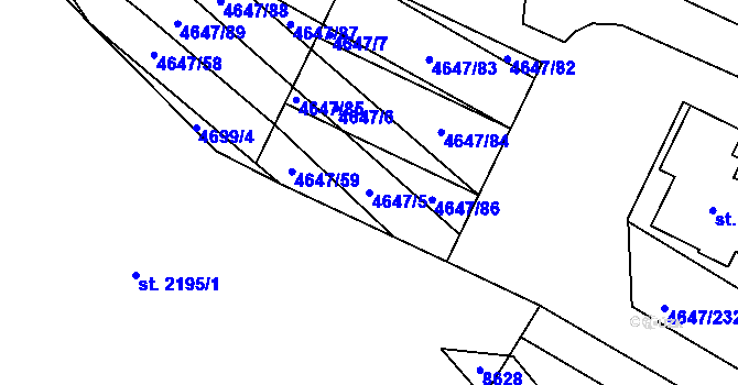Parcela st. 4647/5 v KÚ Veselí-Předměstí, Katastrální mapa