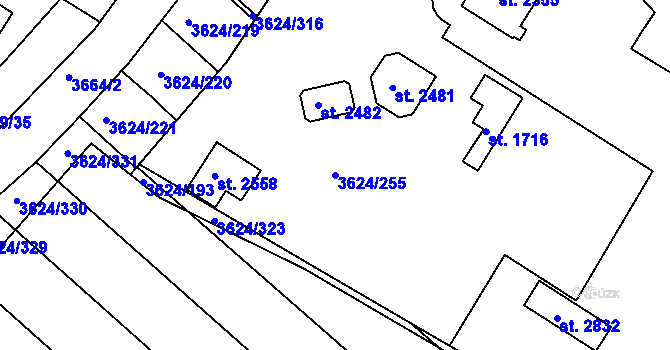 Parcela st. 3624/255 v KÚ Veselí-Předměstí, Katastrální mapa