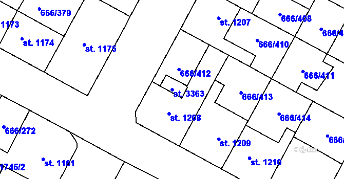 Parcela st. 3363 v KÚ Veselí-Předměstí, Katastrální mapa