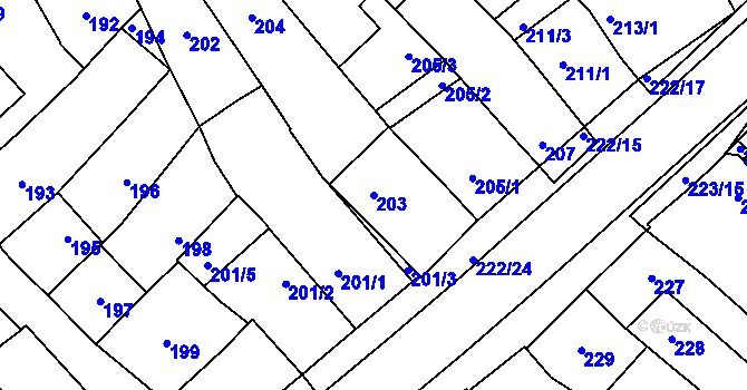 Parcela st. 203 v KÚ Zarazice, Katastrální mapa
