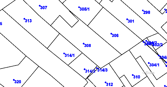 Parcela st. 308 v KÚ Zarazice, Katastrální mapa
