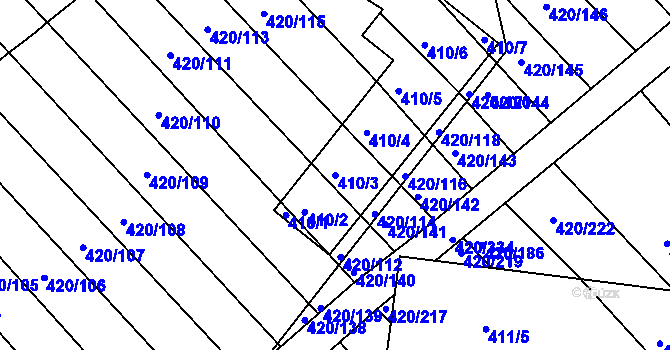 Parcela st. 410/3 v KÚ Zarazice, Katastrální mapa