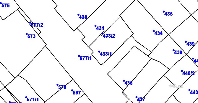 Parcela st. 433/1 v KÚ Zarazice, Katastrální mapa