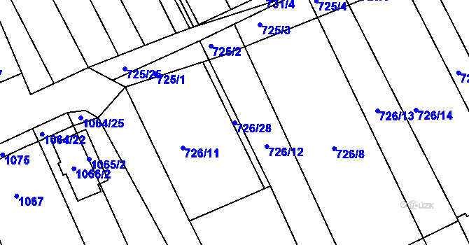 Parcela st. 726/28 v KÚ Zarazice, Katastrální mapa