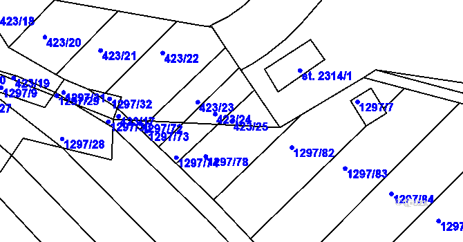 Parcela st. 423/25 v KÚ Zarazice, Katastrální mapa