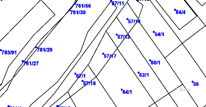 Parcela st. 57/17 v KÚ Zarazice, Katastrální mapa