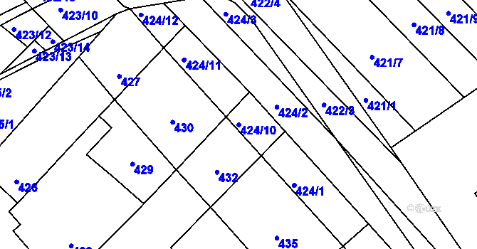 Parcela st. 424/10 v KÚ Zarazice, Katastrální mapa