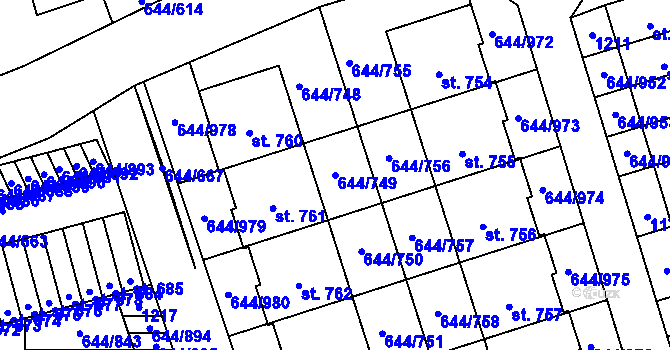 Parcela st. 644/749 v KÚ Vestec u Prahy, Katastrální mapa