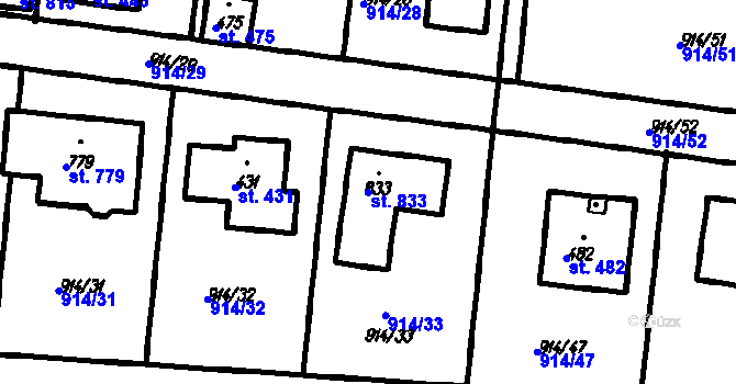 Parcela st. 833 v KÚ Vestec u Prahy, Katastrální mapa