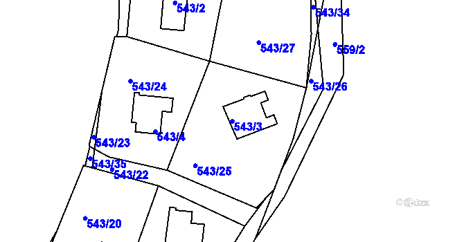 Parcela st. 543/3 v KÚ Větrný Jeníkov, Katastrální mapa