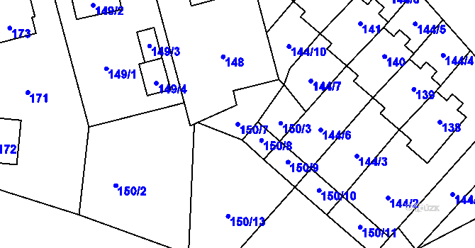 Parcela st. 150/7 v KÚ Větrný Jeníkov, Katastrální mapa