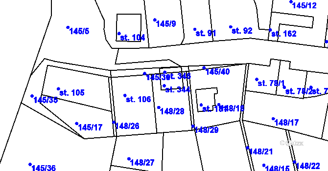 Parcela st. 344 v KÚ Větrušice u Klecan, Katastrální mapa