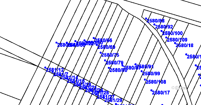 Parcela st. 2580/75 v KÚ Veverská Bítýška, Katastrální mapa