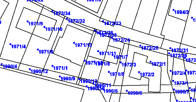 Parcela st. 1971/11 v KÚ Veverská Bítýška, Katastrální mapa