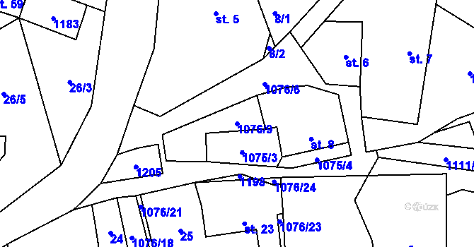Parcela st. 1076/9 v KÚ Věž, Katastrální mapa