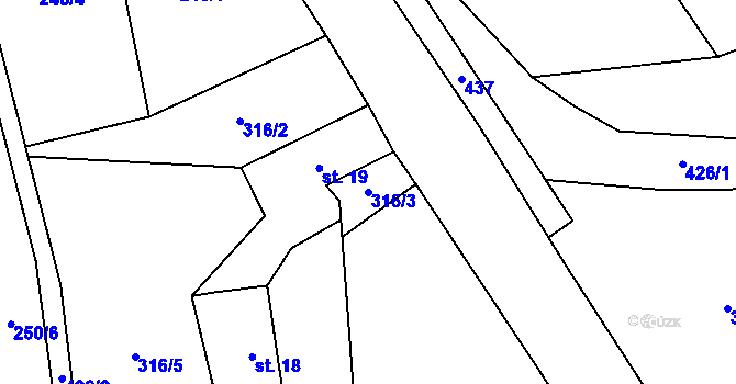 Parcela st. 316/3 v KÚ Jabloňov, Katastrální mapa