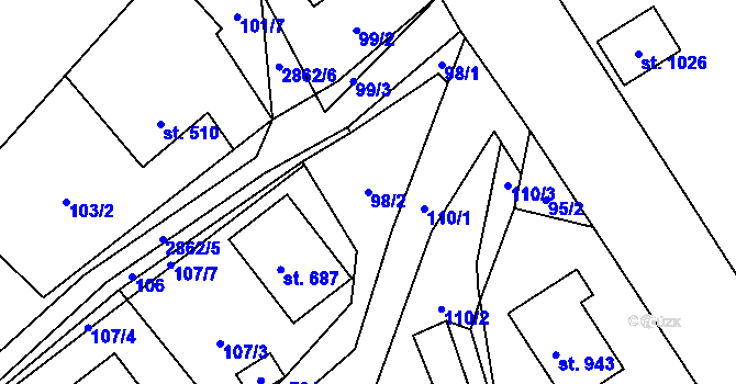 Parcela st. 98/2 v KÚ Vidče, Katastrální mapa