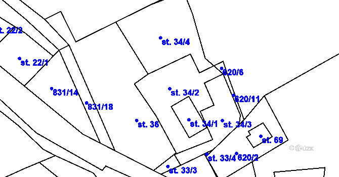Parcela st. 34/2 v KÚ Mukoděly, Katastrální mapa