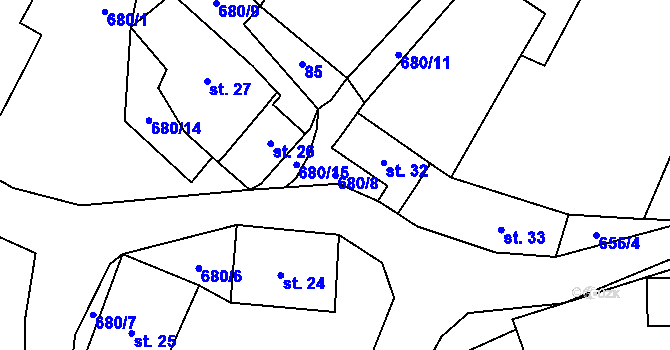 Parcela st. 680/8 v KÚ Tuchotice, Katastrální mapa