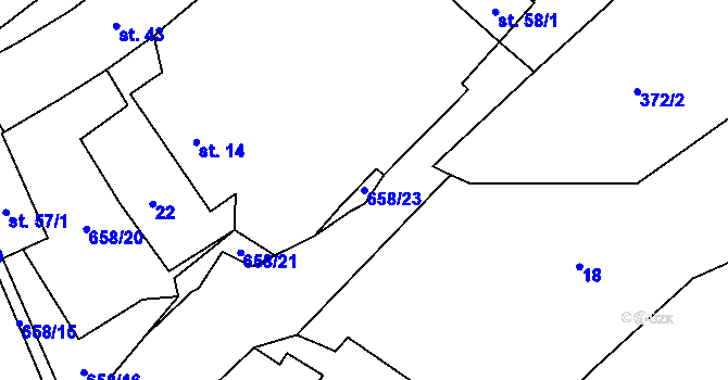 Parcela st. 658/23 v KÚ Chřebřany, Katastrální mapa