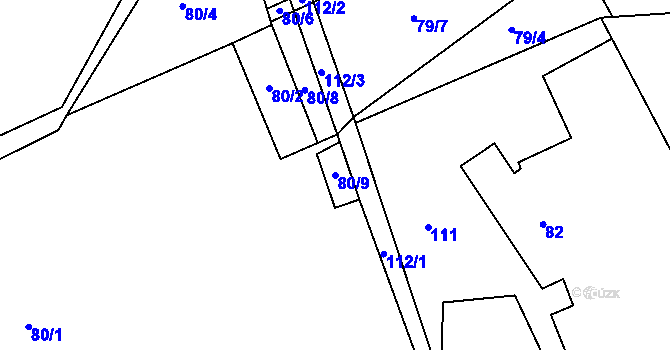 Parcela st. 80/9 v KÚ Vilémov u Kadaně, Katastrální mapa