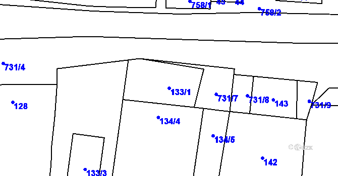 Parcela st. 133/1 v KÚ Olbramice u Vilémova, Katastrální mapa