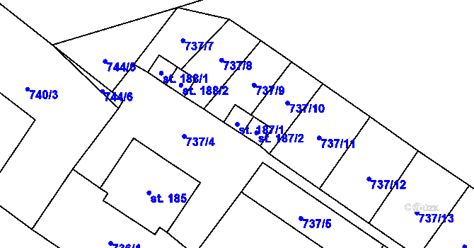Parcela st. 187/1 v KÚ Vinaře, Katastrální mapa